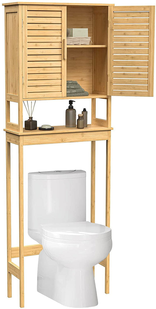 SONGMICS Over-The-Toilet Storage Bathroom Cabinet with Adjustable Inside Shelf and Bottom Stabilizer Bar Natural