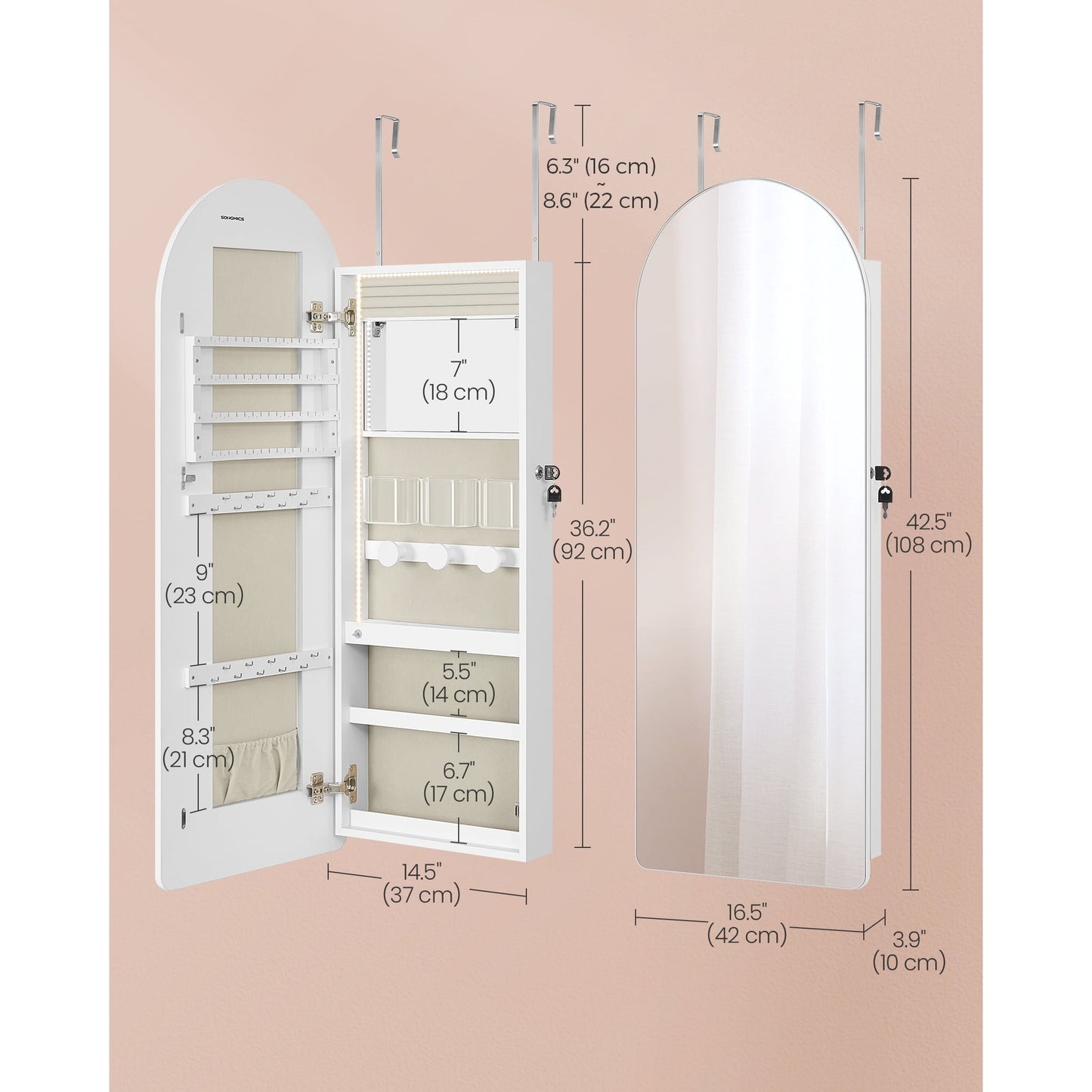 Mirror Jewelry Organizer, 3.9 x 16.5 x 42.5'' Lockable LED Jewelry Cabinet Wall/Door Mounted, White