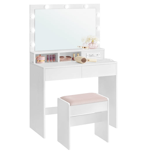 VASAGLE Vanity Desk with Power Outlets, Makeup Vanity with Mirror and Lights, Upholstered Vanity Stool, 9 Dimmable LED Lights, 2 Compartments, 2 Drawers, Cloud White