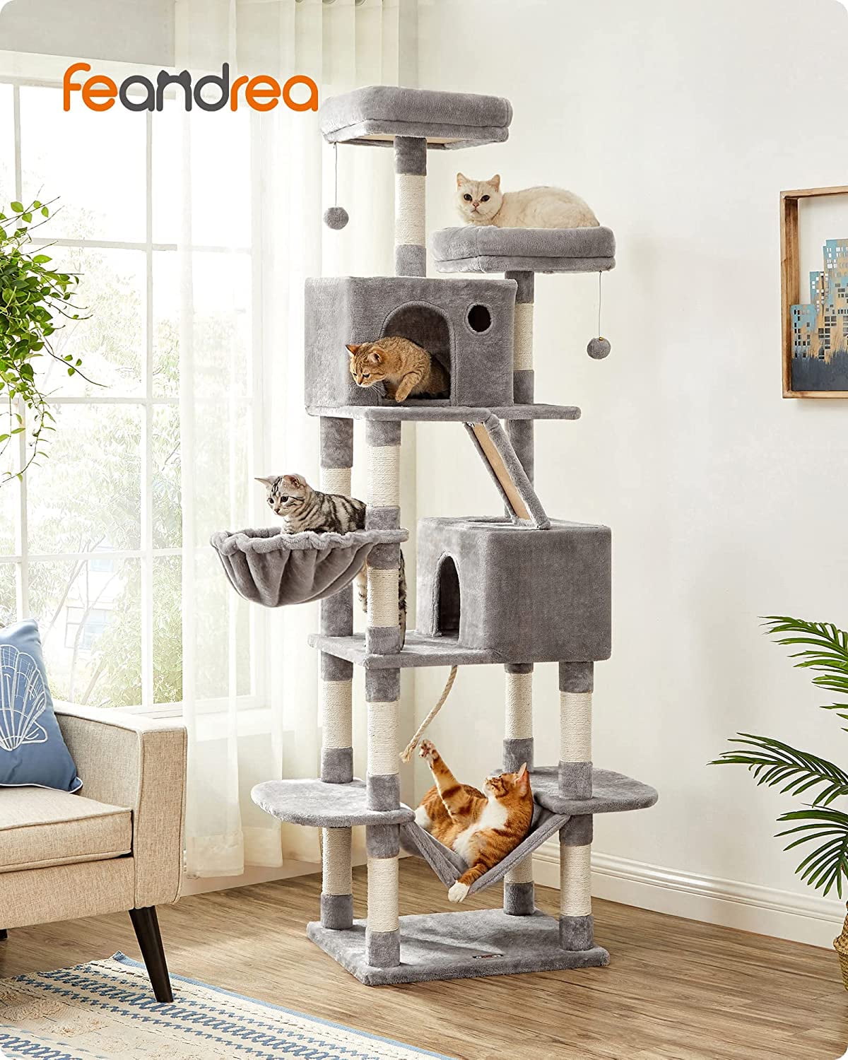 Feandrea 81.1"H Cat Tree Cat Tower for Indoor Cats, Plush Multi-Level Cat Condo with Scratching Posts, Perches, Caves, Hammock, Light Gray