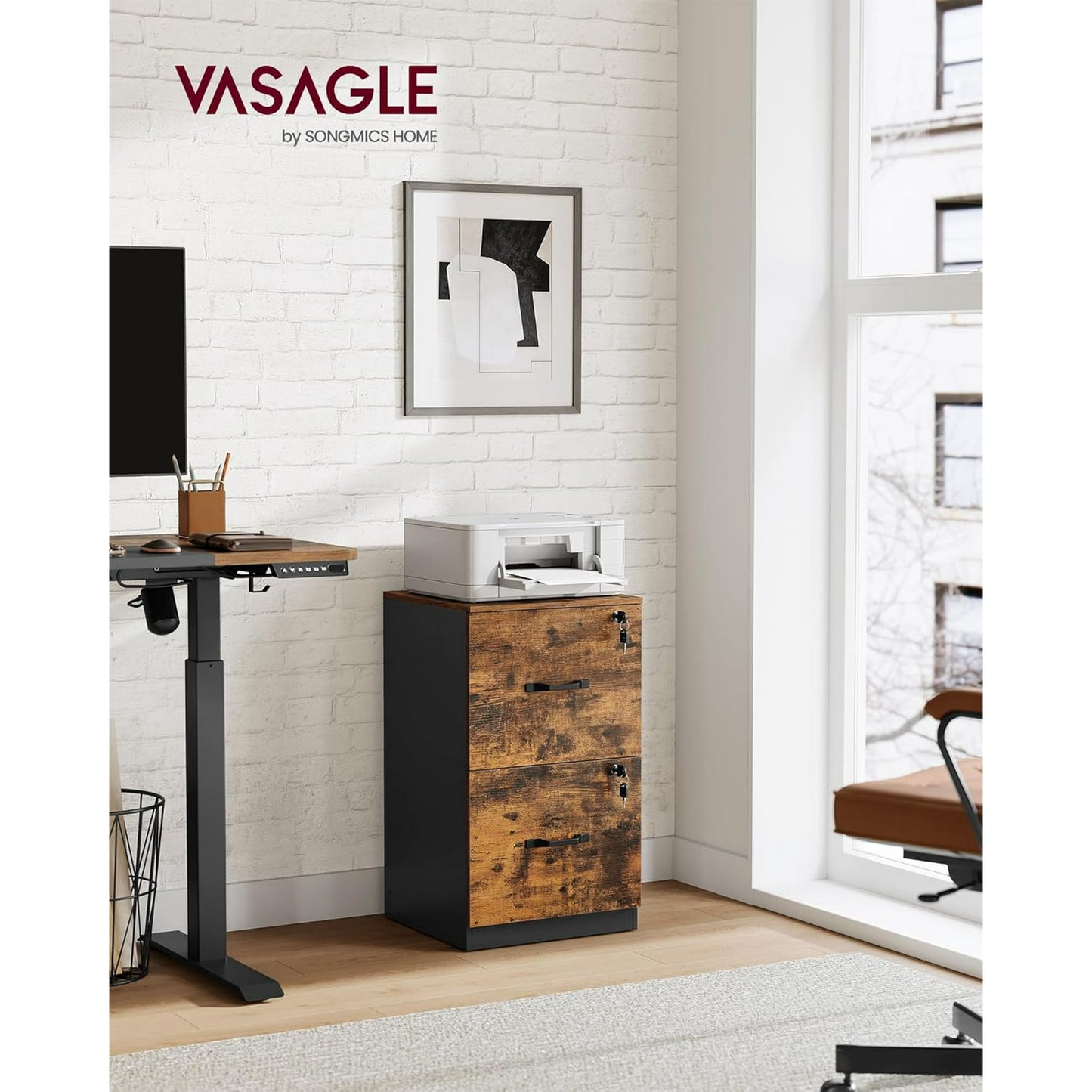 VASAGLE 2-Drawer Vertical File Cabinet Filing Cabinet Printer Stand Adjustable Hanging Rail for A4 and Letter-Size Files