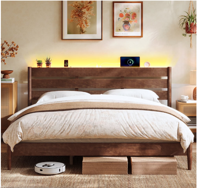 Queen Bed Frame with LED Headboard & Charging Station - Solid Wood Platform, No Box Spring Needed, Mid-Century Modern, Coffee Brown
