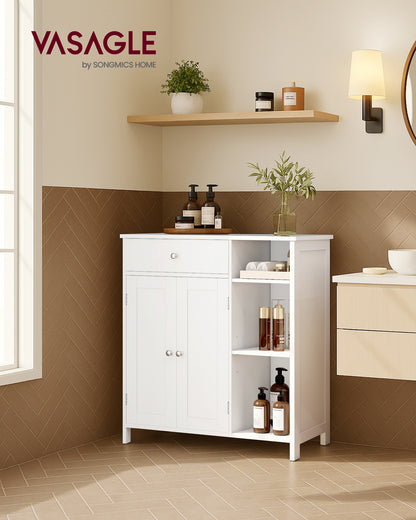 VASAGLE Cabinet Floor Cabinet, Freestanding Storage Cabinet with Drawer, 3 Open Compartments, Adjustable Shelves,Matte White