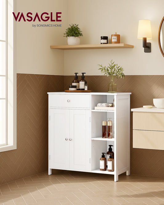 VASAGLE Cabinet Floor Cabinet, Freestanding Storage Cabinet with Drawer, 3 Open Compartments, Adjustable Shelves,Matte White
