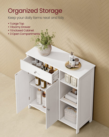 VASAGLE Cabinet Floor Cabinet, Freestanding Storage Cabinet with Drawer, 3 Open Compartments, Adjustable Shelves,Matte White