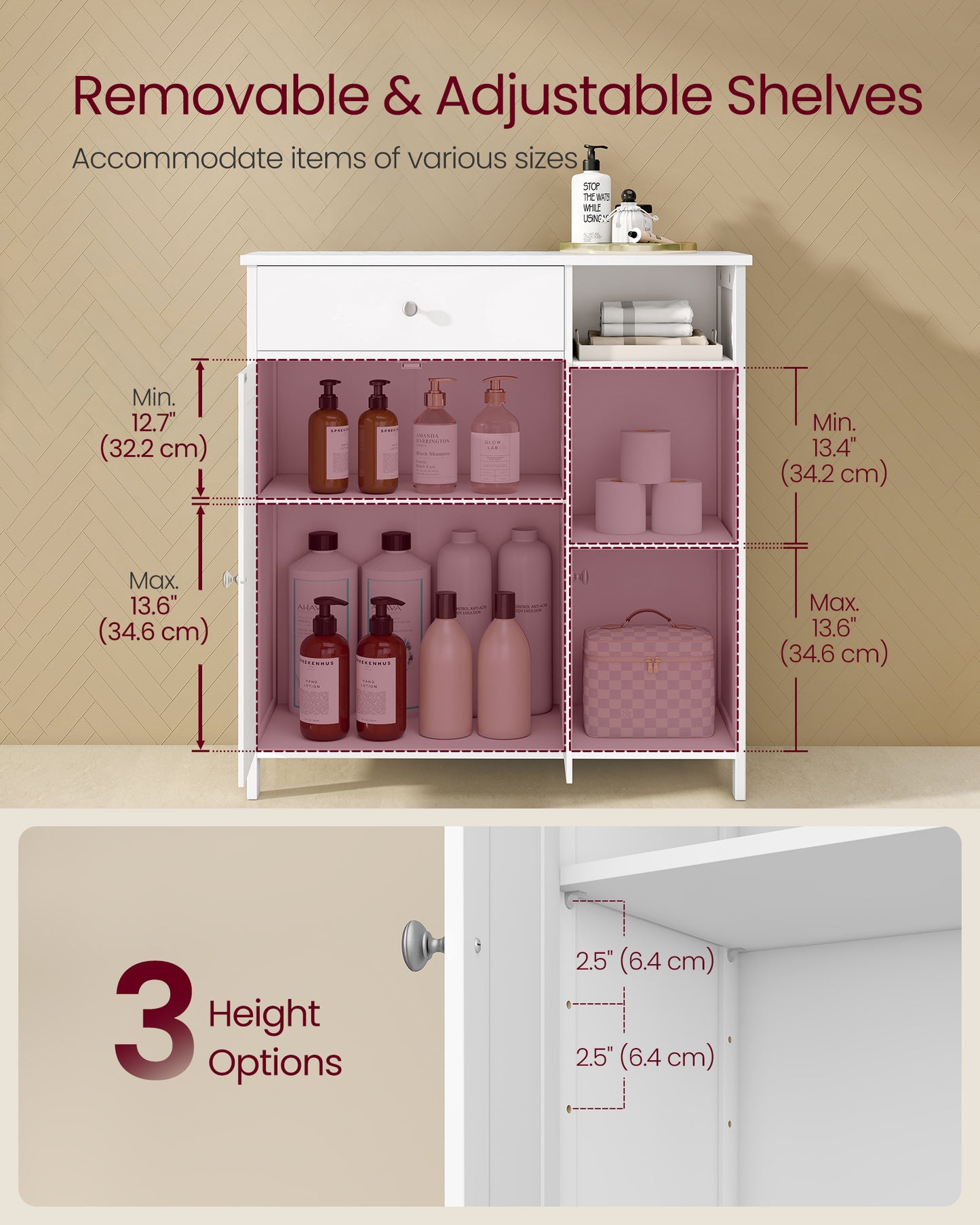 VASAGLE Cabinet Floor Cabinet, Freestanding Storage Cabinet with Drawer, 3 Open Compartments, Adjustable Shelves,Matte White