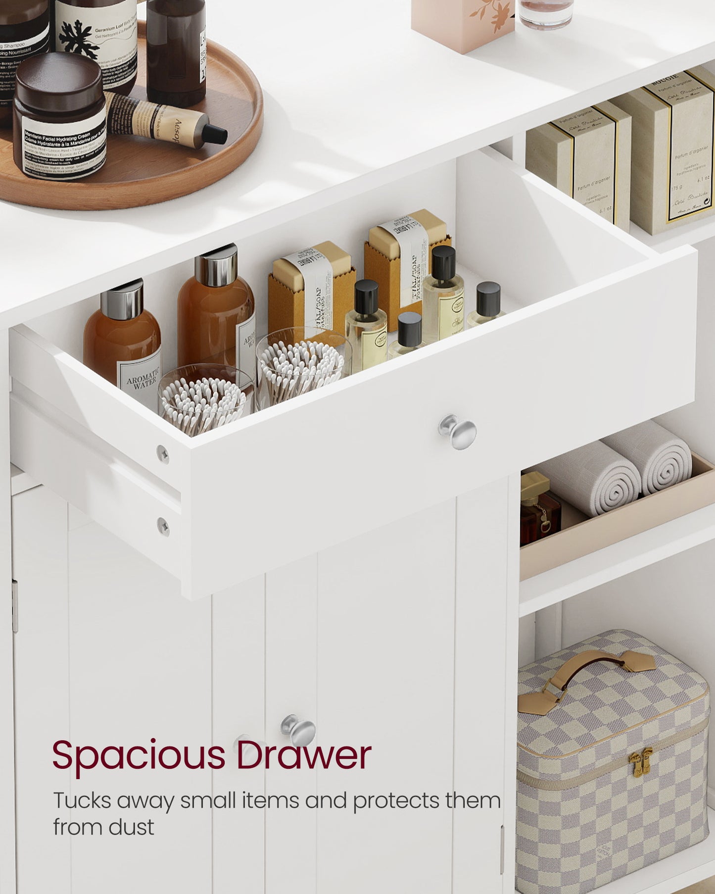 VASAGLE Cabinet Floor Cabinet, Freestanding Storage Cabinet with Drawer, 3 Open Compartments, Adjustable Shelves,Matte White