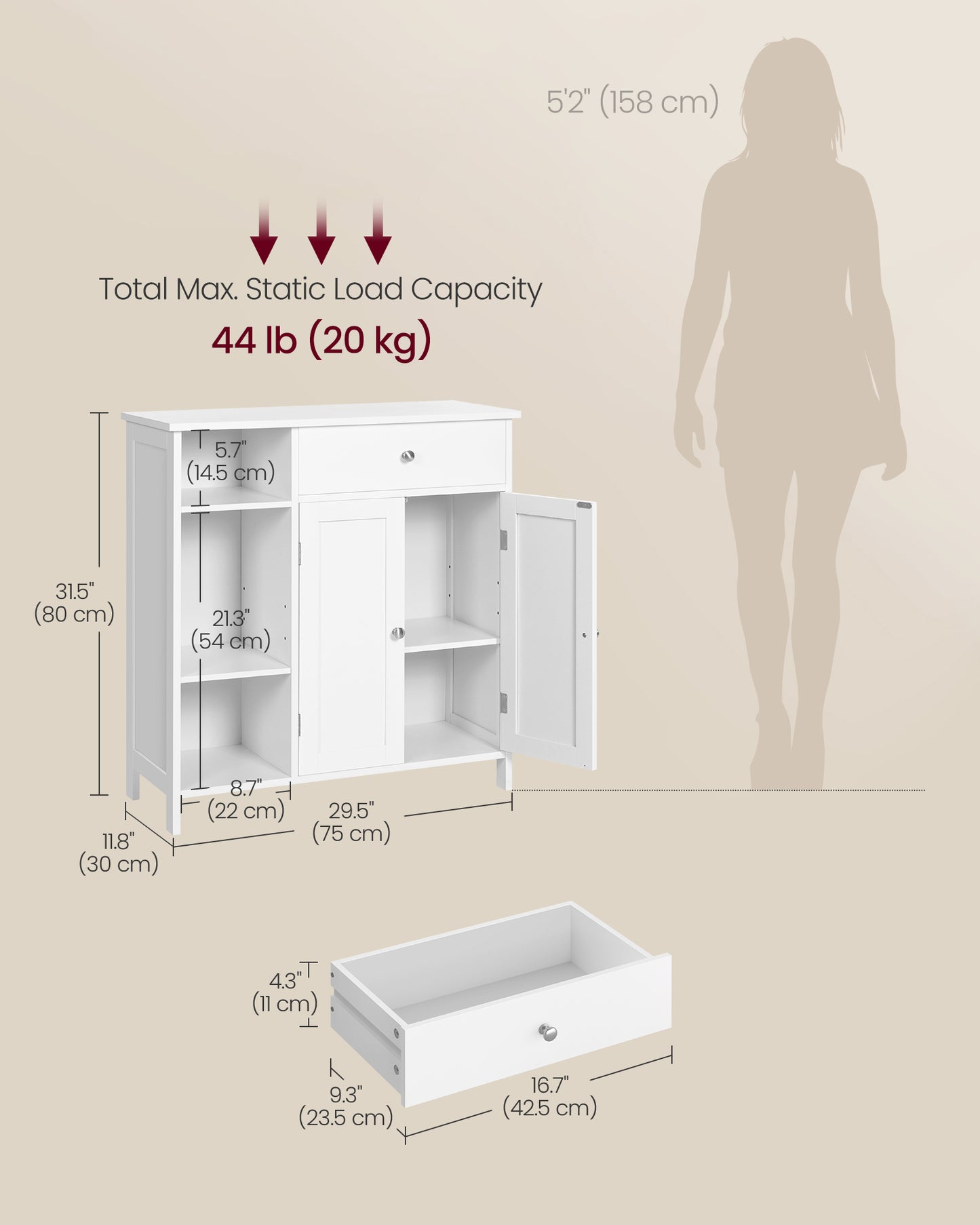VASAGLE Cabinet Floor Cabinet, Freestanding Storage Cabinet with Drawer, 3 Open Compartments, Adjustable Shelves,Matte White