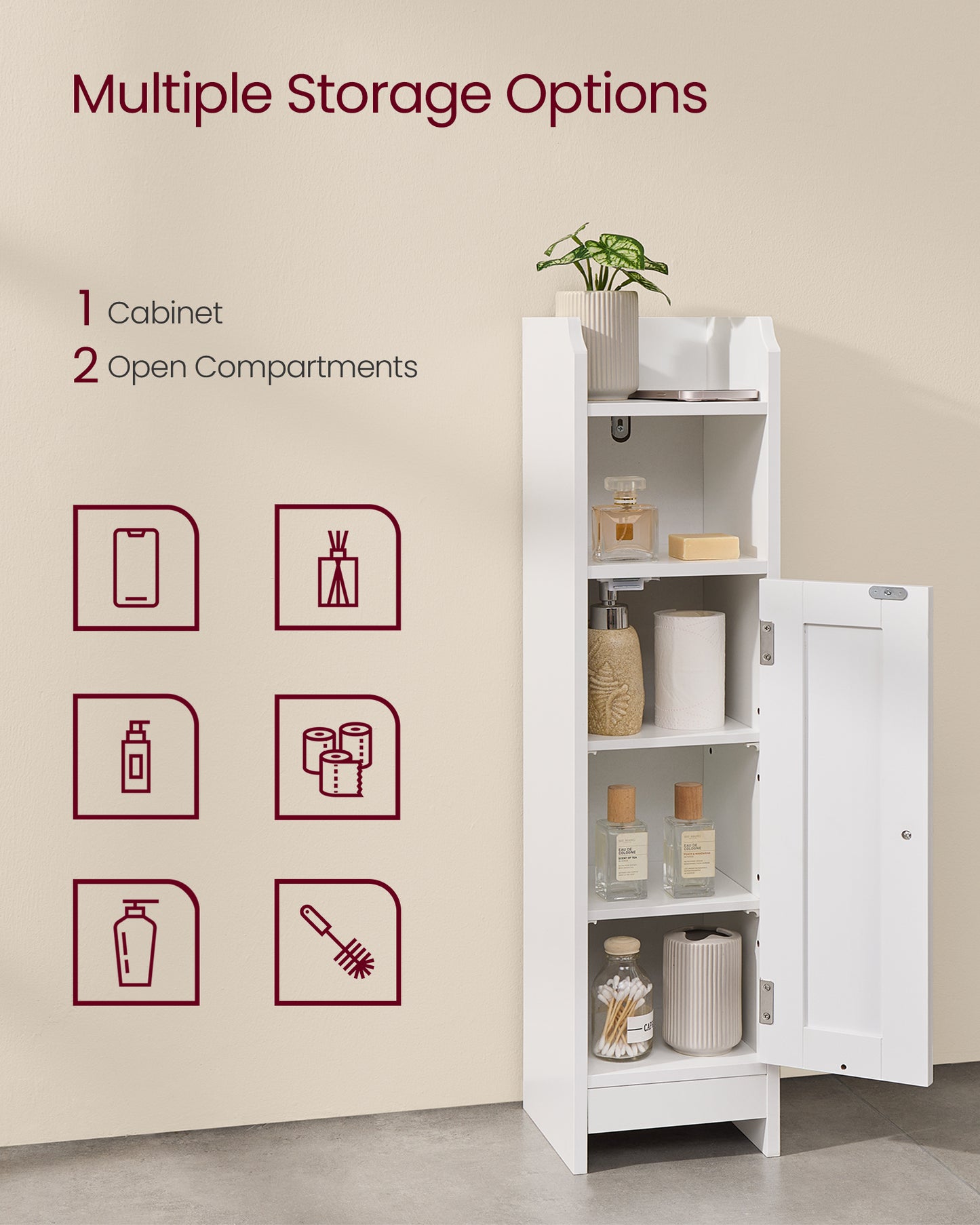 Small Floor Cabinet with Adjustable Shelves - White Narrow Storage Organizer