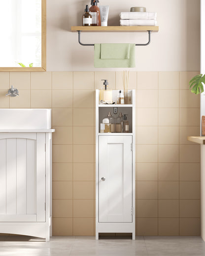 Small Floor Cabinet with Adjustable Shelves - White Narrow Storage Organizer