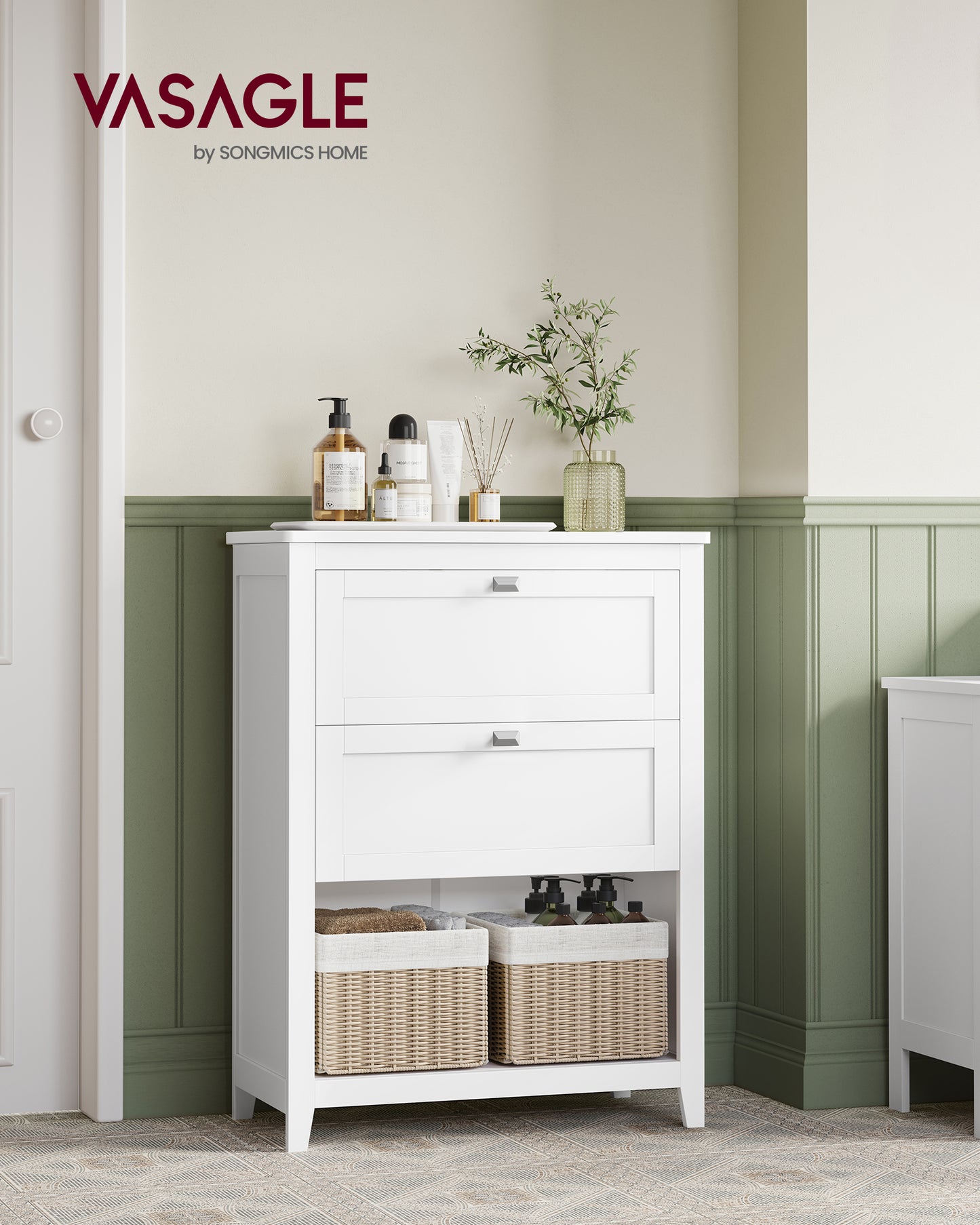 VASAGLE Cabinet, Storage Cabinet and Organizers, 2 Drawers with 1 Adjustable Divider, 2 Baskets, Sideboard, Cloud White