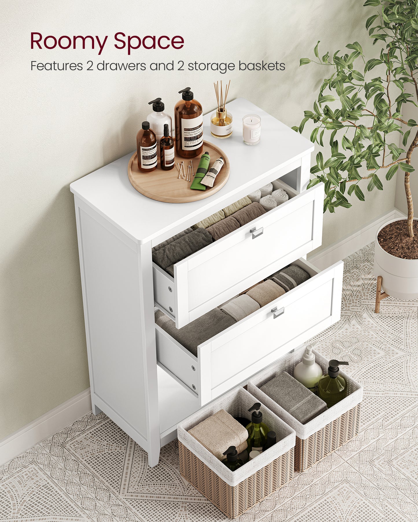 VASAGLE Cabinet, Storage Cabinet and Organizers, 2 Drawers with 1 Adjustable Divider, 2 Baskets, Sideboard, Cloud White
