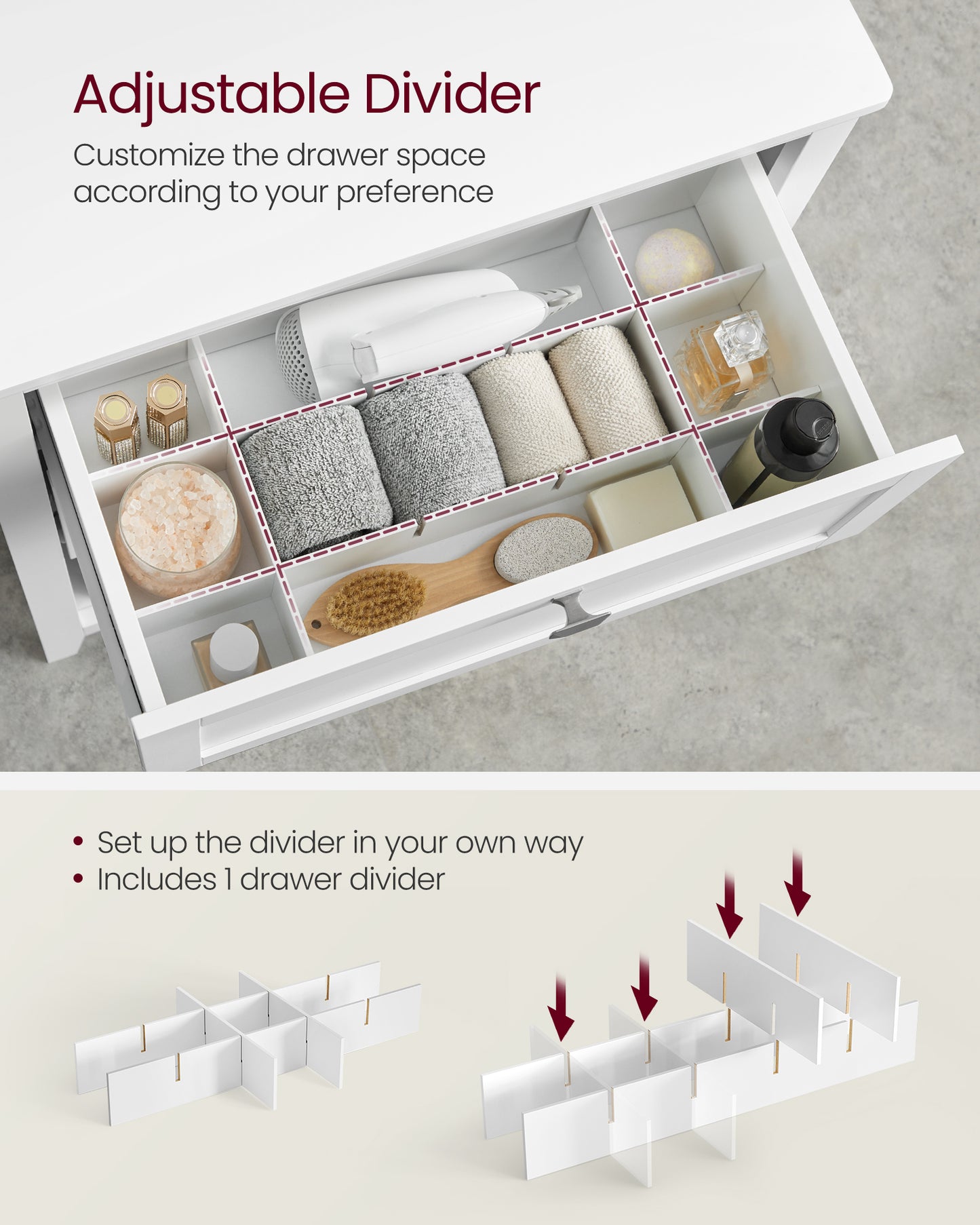 VASAGLE Cabinet, Storage Cabinet and Organizers, 2 Drawers with 1 Adjustable Divider, 2 Baskets, Sideboard, Cloud White