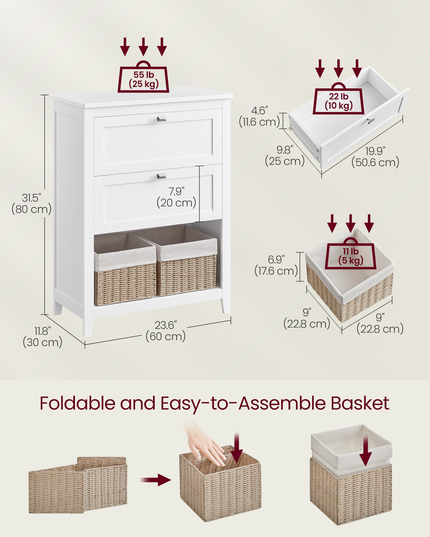 VASAGLE Cabinet, Storage Cabinet and Organizers, 2 Drawers with 1 Adjustable Divider, 2 Baskets, Sideboard, Cloud White