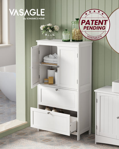 VASAGLE Floor Storage Cabinet, Storage Unit, Freestanding Cabinet with 2 Drawers and 2 Doors, Adjustable Shelf, White
