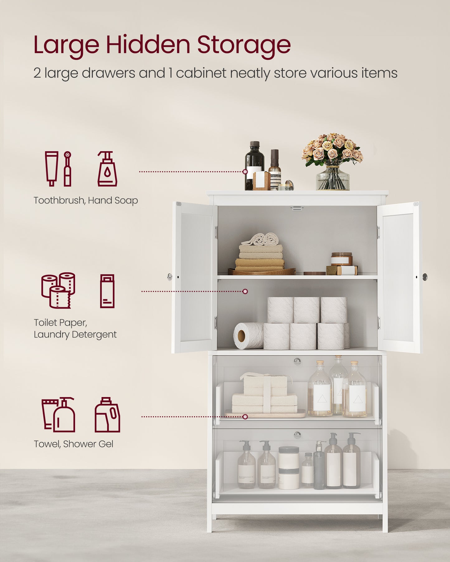 VASAGLE Floor Storage Cabinet, Storage Unit, Freestanding Cabinet with 2 Drawers and 2 Doors, Adjustable Shelf, White