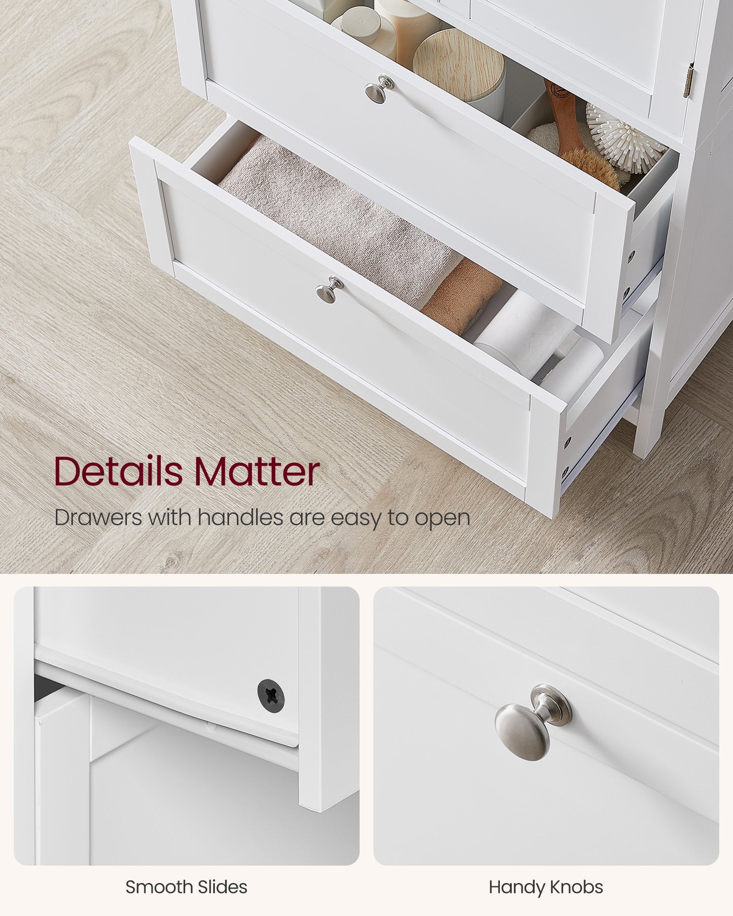 VASAGLE Floor Storage Cabinet, Storage Unit, Freestanding Cabinet with 2 Drawers and 2 Doors, Adjustable Shelf, White