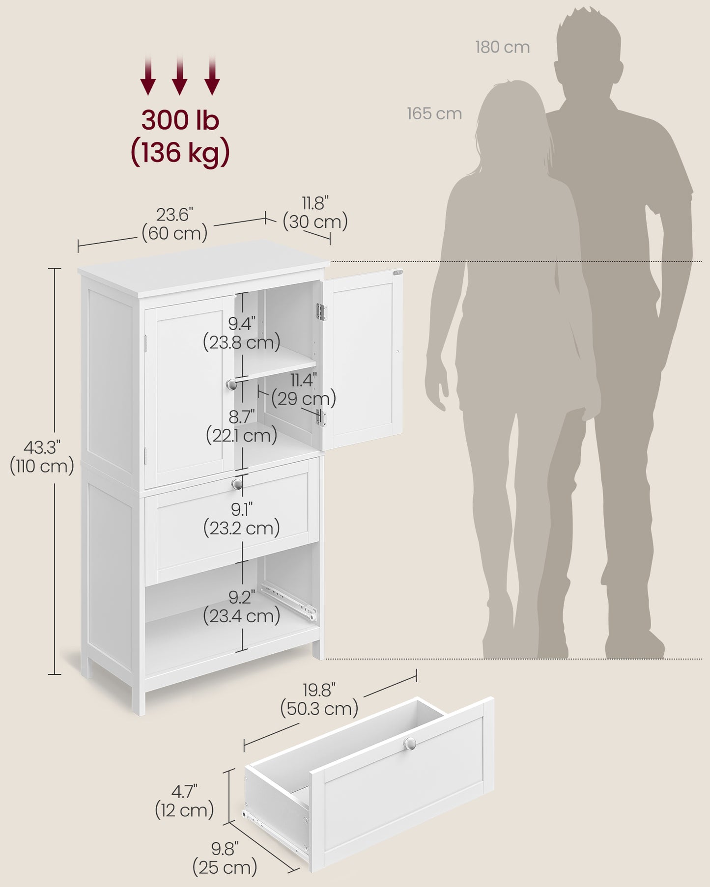 VASAGLE Floor Storage Cabinet, Storage Unit, Freestanding Cabinet with 2 Drawers and 2 Doors, Adjustable Shelf, White
