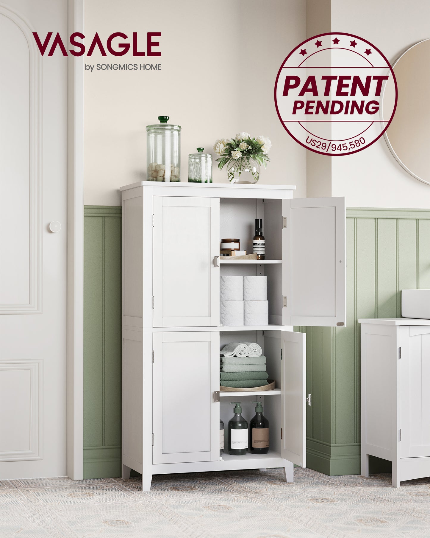 Floor Storage Cabinet with 4 Doors Storage Unit Freestanding Cabinet Adjustable Shelves, White