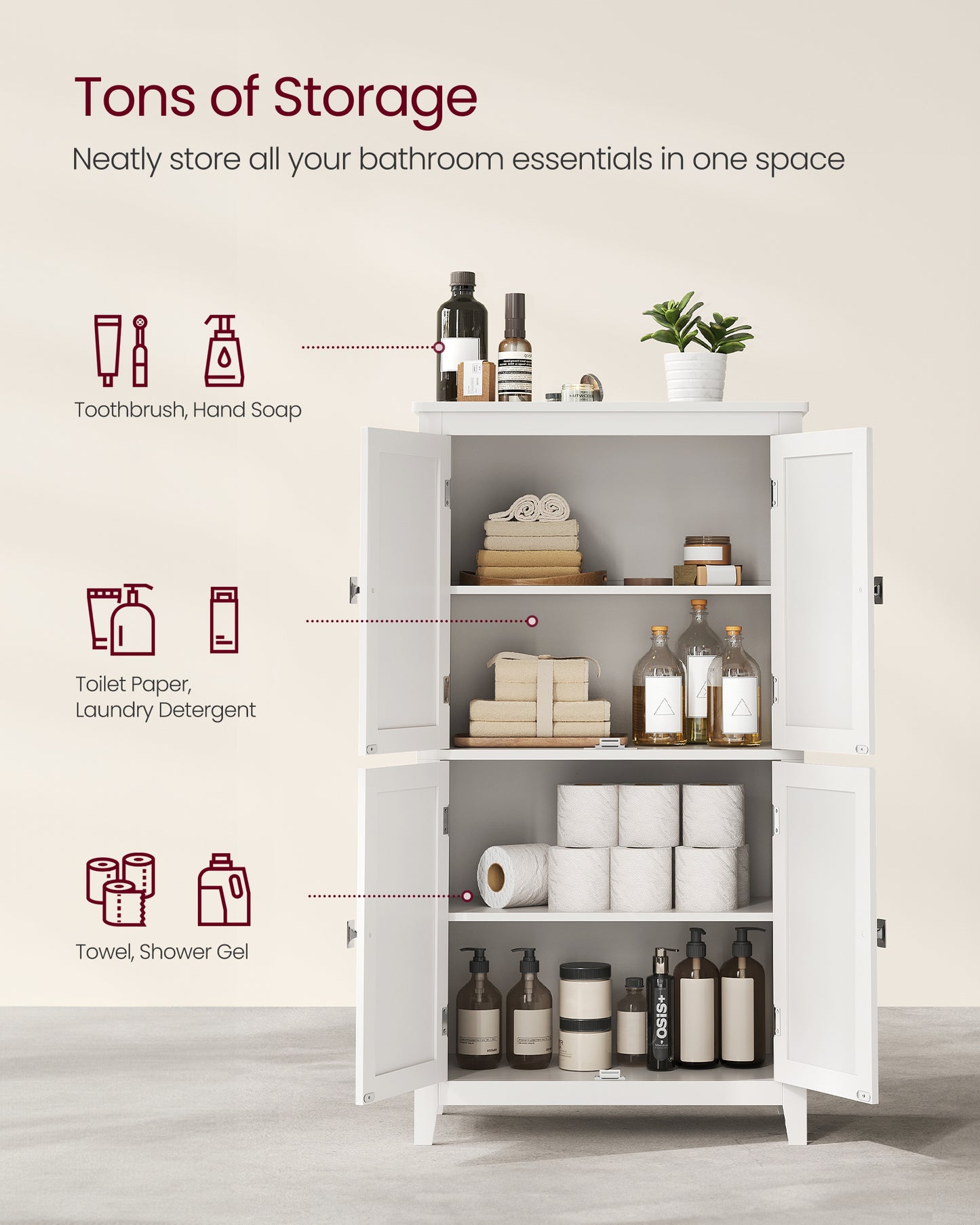 Floor Storage Cabinet with 4 Doors Storage Unit Freestanding Cabinet Adjustable Shelves, White