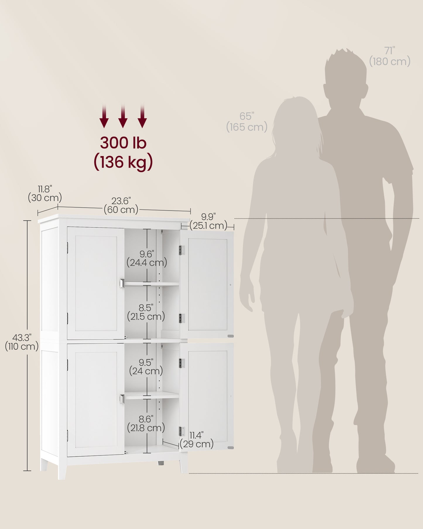 Floor Storage Cabinet with 4 Doors Storage Unit Freestanding Cabinet Adjustable Shelves, White