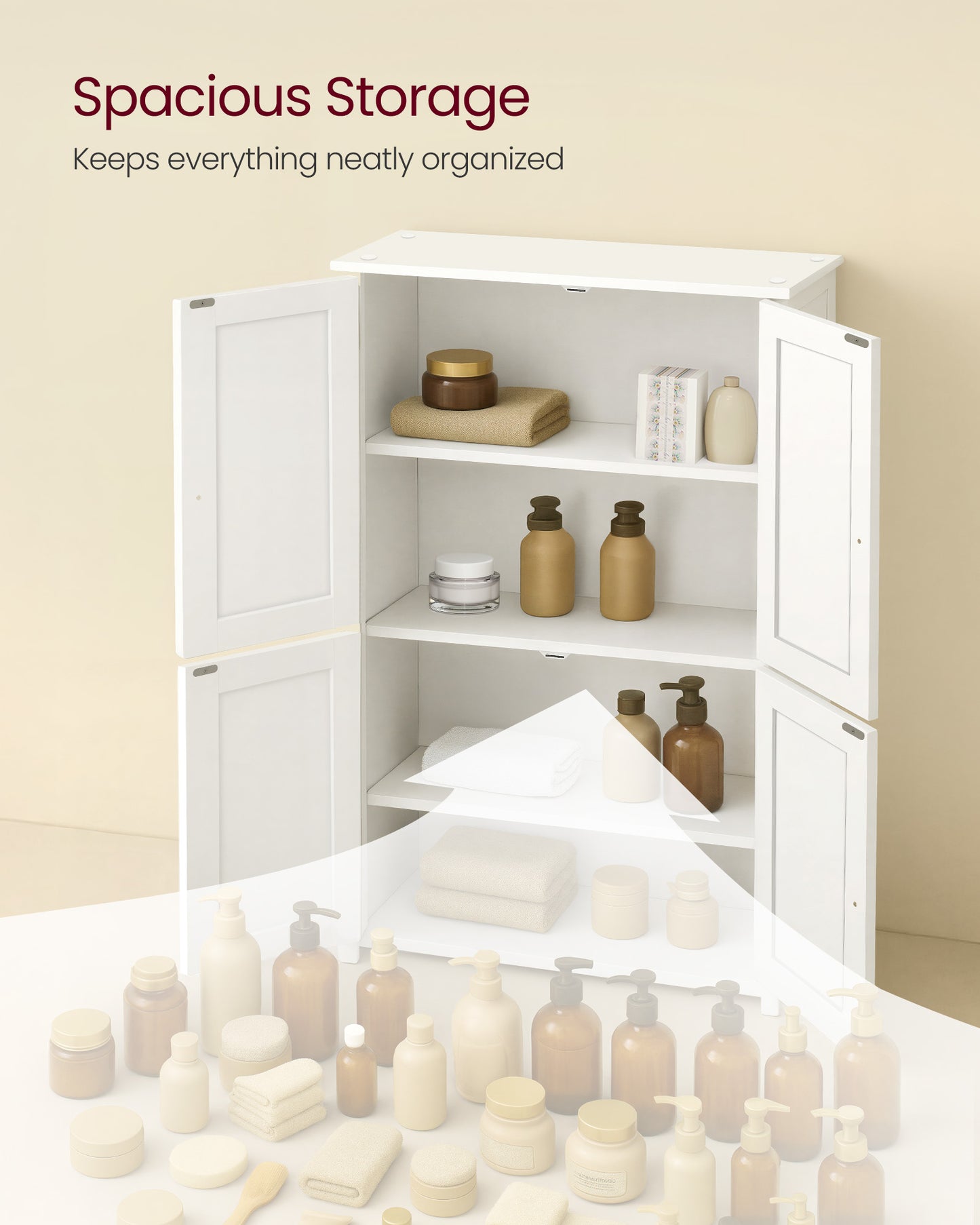 VASAGLE Floor Storage Cabinet, Shaker Cabinet with 2 Adjustable Shelves, 4 Doors, Tall Freestanding Organizer Unit, Cloud White