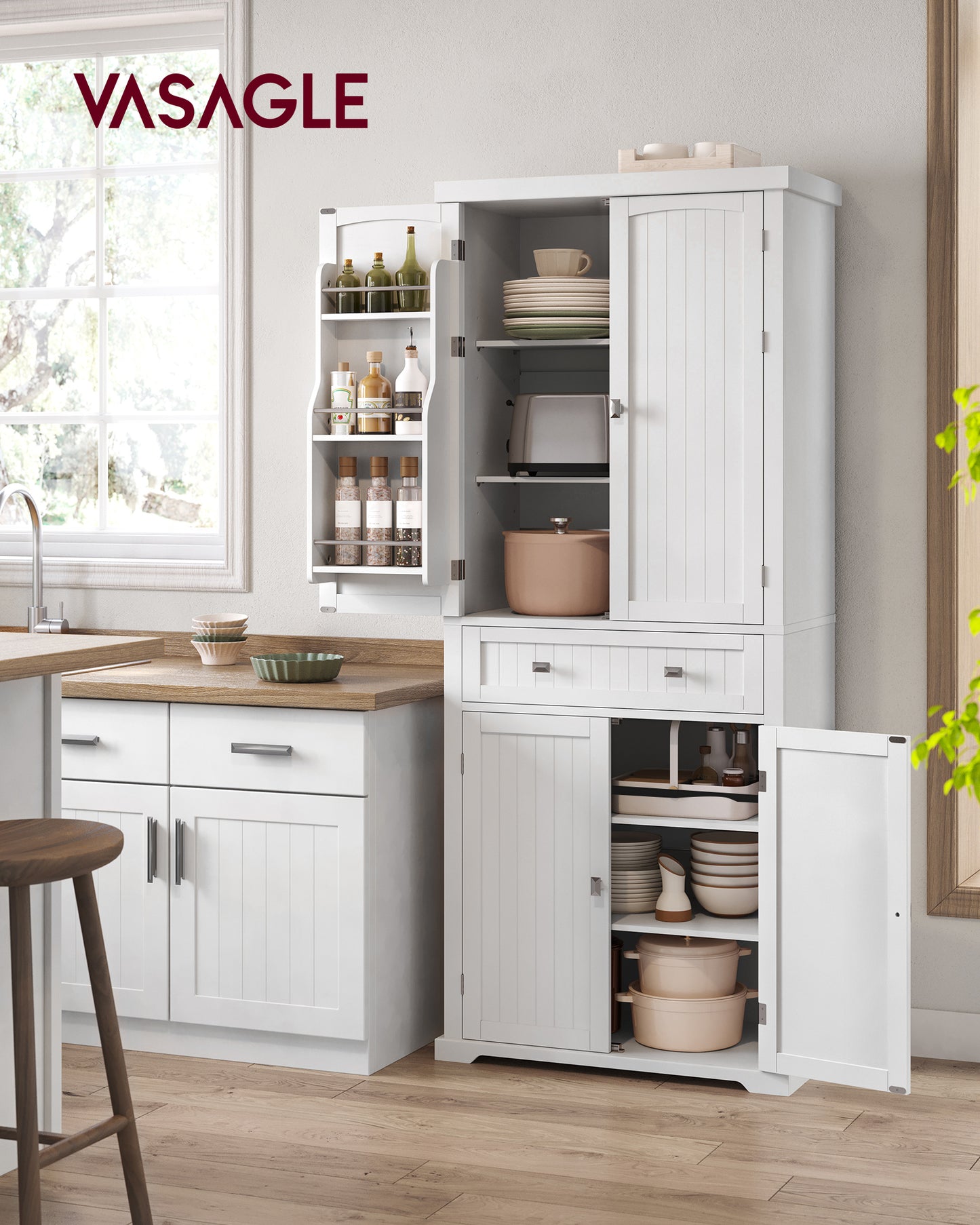 VASAGLE 72" Tall Kitchen Pantry Storage Cabinet with Doors and Shelves, Food Pantry Cabinet with Drawer, White