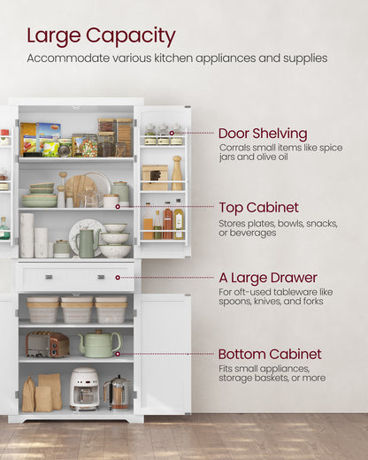 VASAGLE 72" Tall Kitchen Pantry Storage Cabinet with Doors and Shelves, Food Pantry Cabinet with Drawer, White