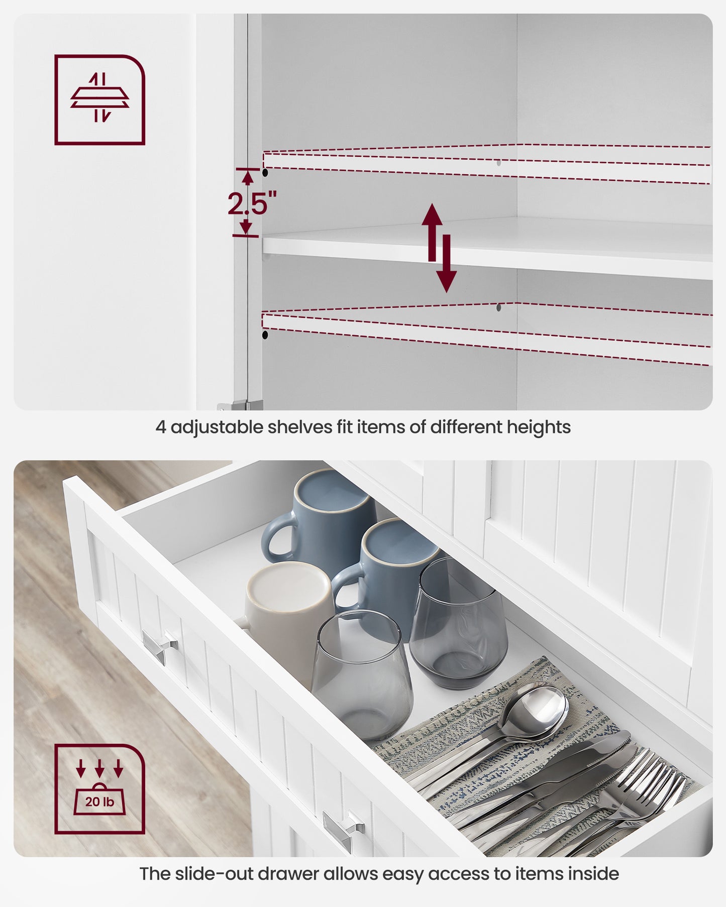 VASAGLE 72" Tall Kitchen Pantry Storage Cabinet with Doors and Shelves, Food Pantry Cabinet with Drawer, White