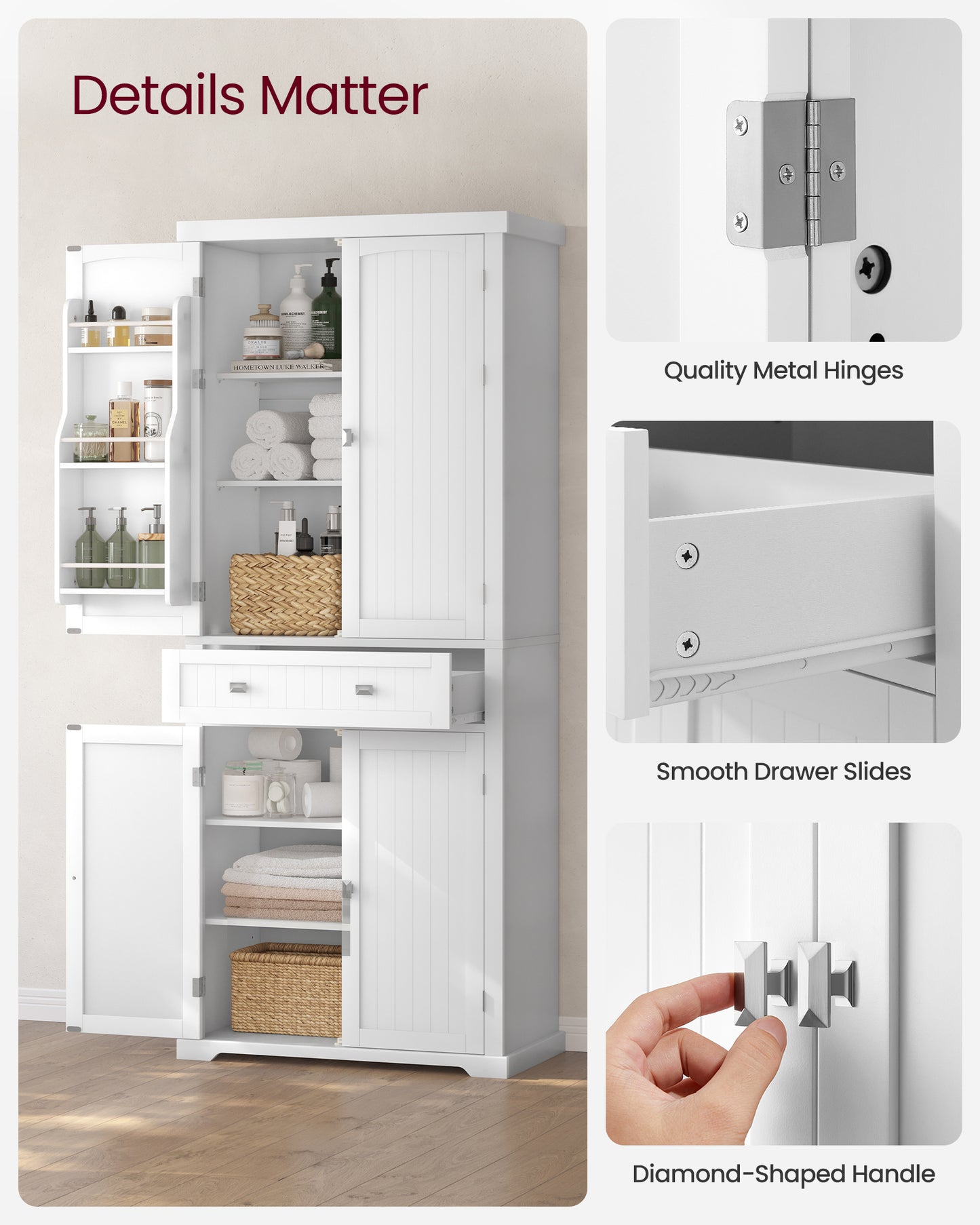 VASAGLE 72" Tall Kitchen Pantry Storage Cabinet with Doors and Shelves, Food Pantry Cabinet with Drawer, White