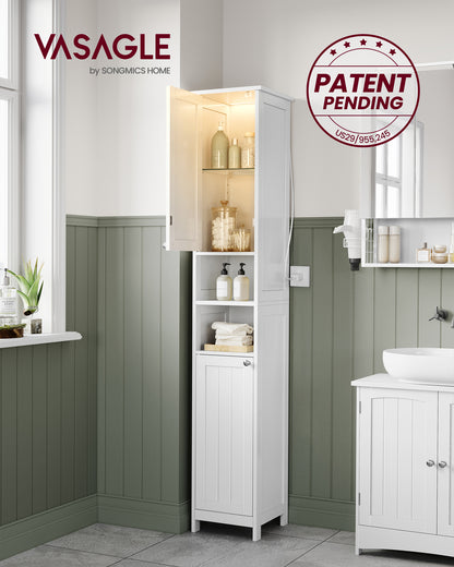 VASAGLE Tall Cabinet with Lights, Freestanding Narrow Cabinet with Adjustable Shelves Slim Storage Cabinet White