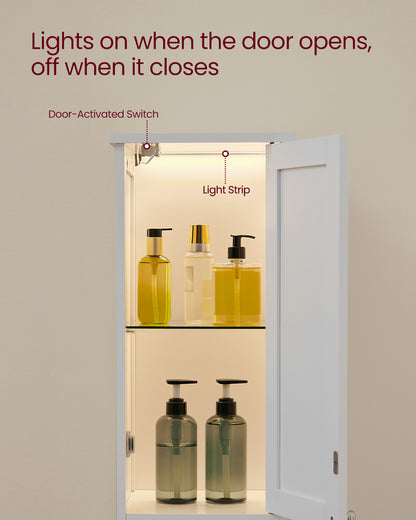 VASAGLE Tall Cabinet with Lights, Freestanding Narrow Cabinet with Adjustable Shelves Slim Storage Cabinet White