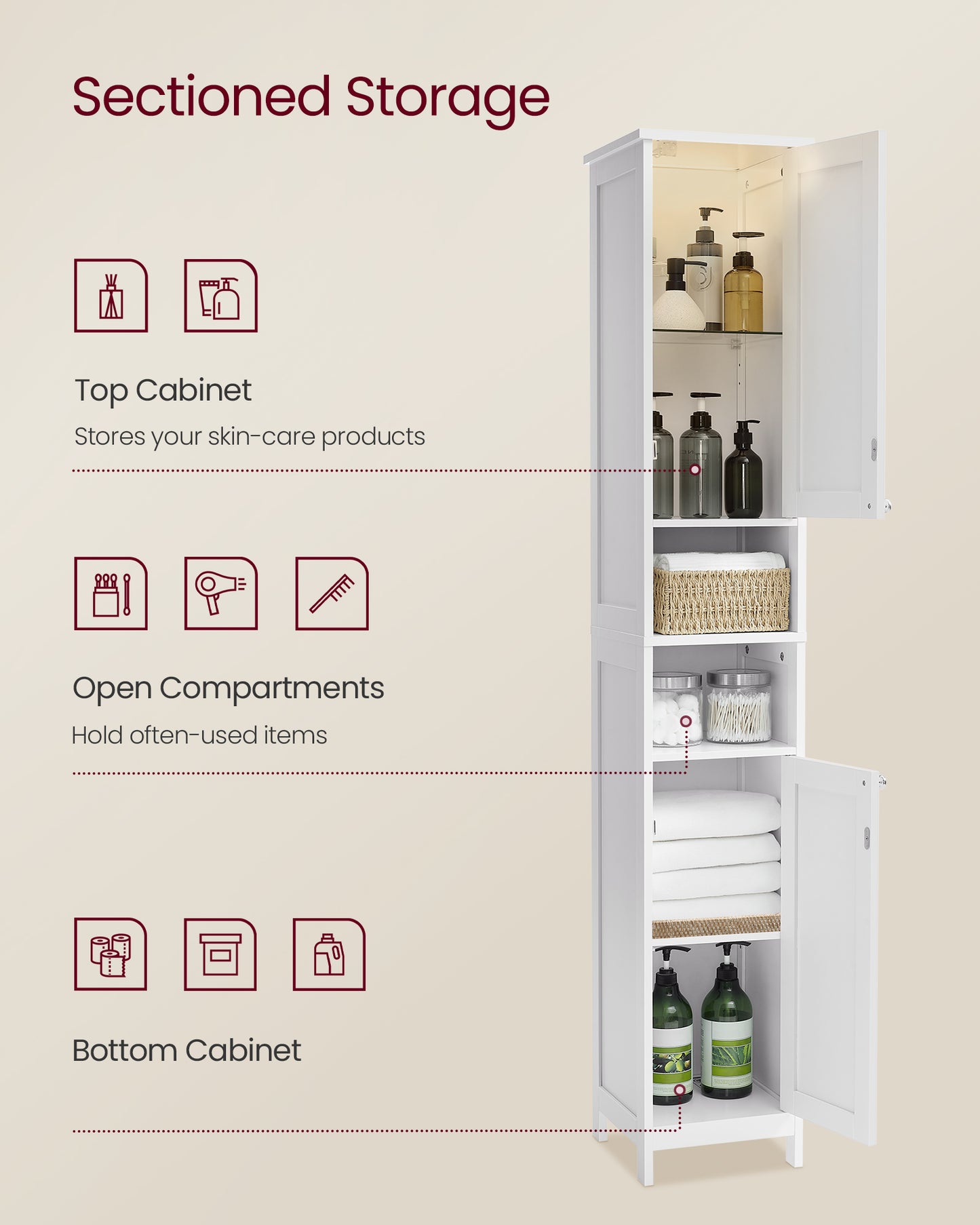 VASAGLE Tall Cabinet with Lights, Freestanding Narrow Cabinet with Adjustable Shelves Slim Storage Cabinet White