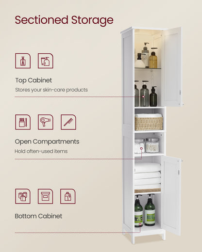 VASAGLE Tall Cabinet with Lights, Freestanding Narrow Cabinet with Adjustable Shelves Slim Storage Cabinet White