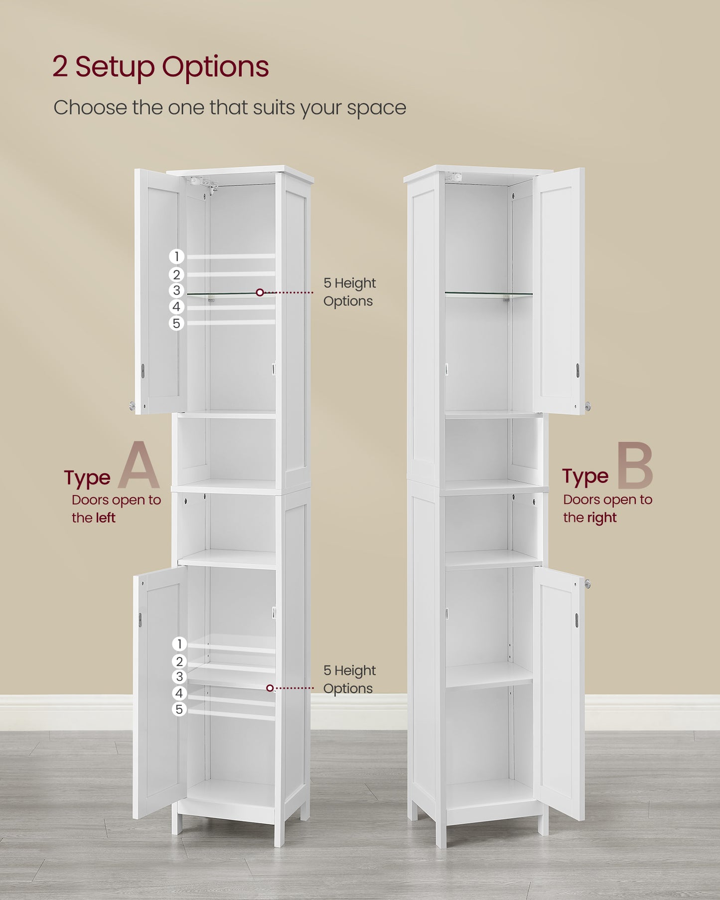 VASAGLE Tall Cabinet with Lights, Freestanding Narrow Cabinet with Adjustable Shelves Slim Storage Cabinet White