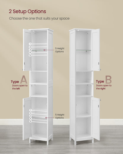 VASAGLE Tall Cabinet with Lights, Freestanding Narrow Cabinet with Adjustable Shelves Slim Storage Cabinet White