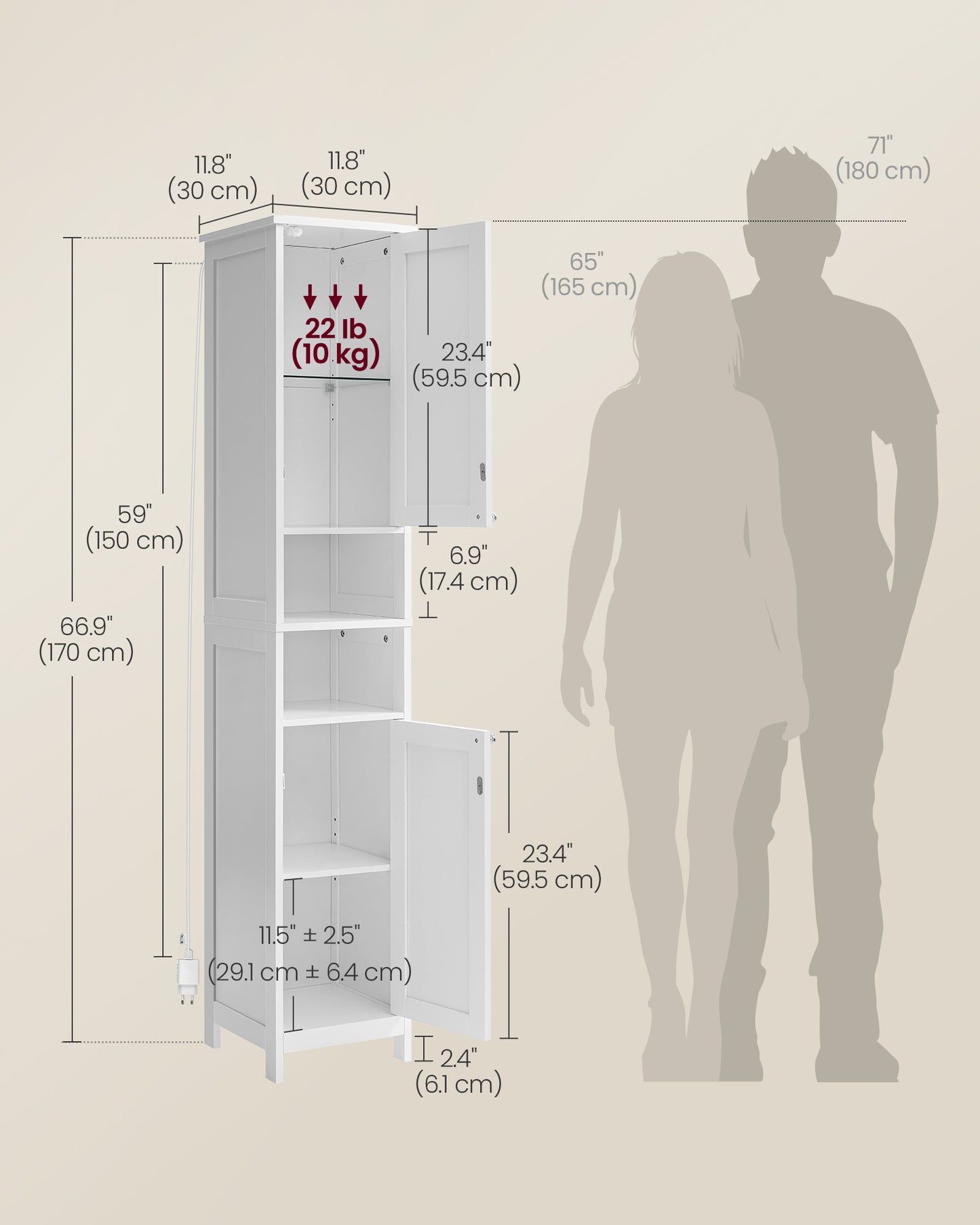 VASAGLE Tall Cabinet with Lights, Freestanding Narrow Cabinet with Adjustable Shelves Slim Storage Cabinet White