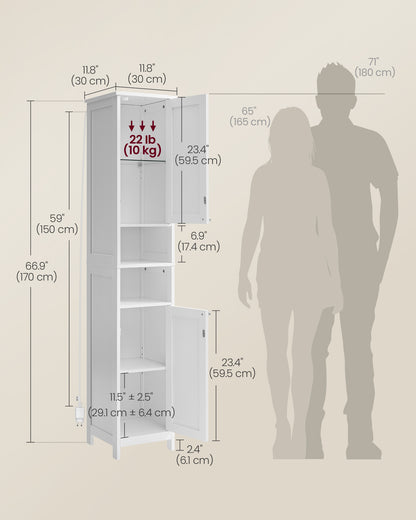 VASAGLE Tall Cabinet with Lights, Freestanding Narrow Cabinet with Adjustable Shelves Slim Storage Cabinet White