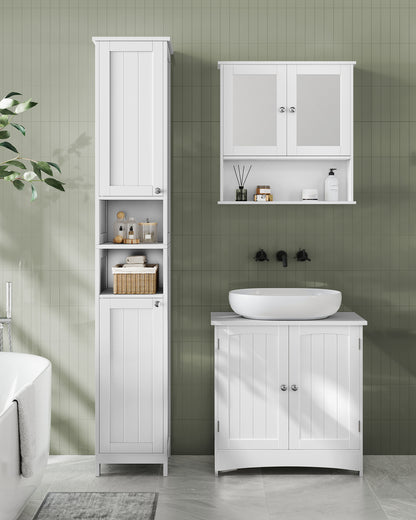 VASAGLE Tall Cabinet with Lights, Freestanding Narrow Cabinet with Adjustable Shelves Slim Storage Cabinet White