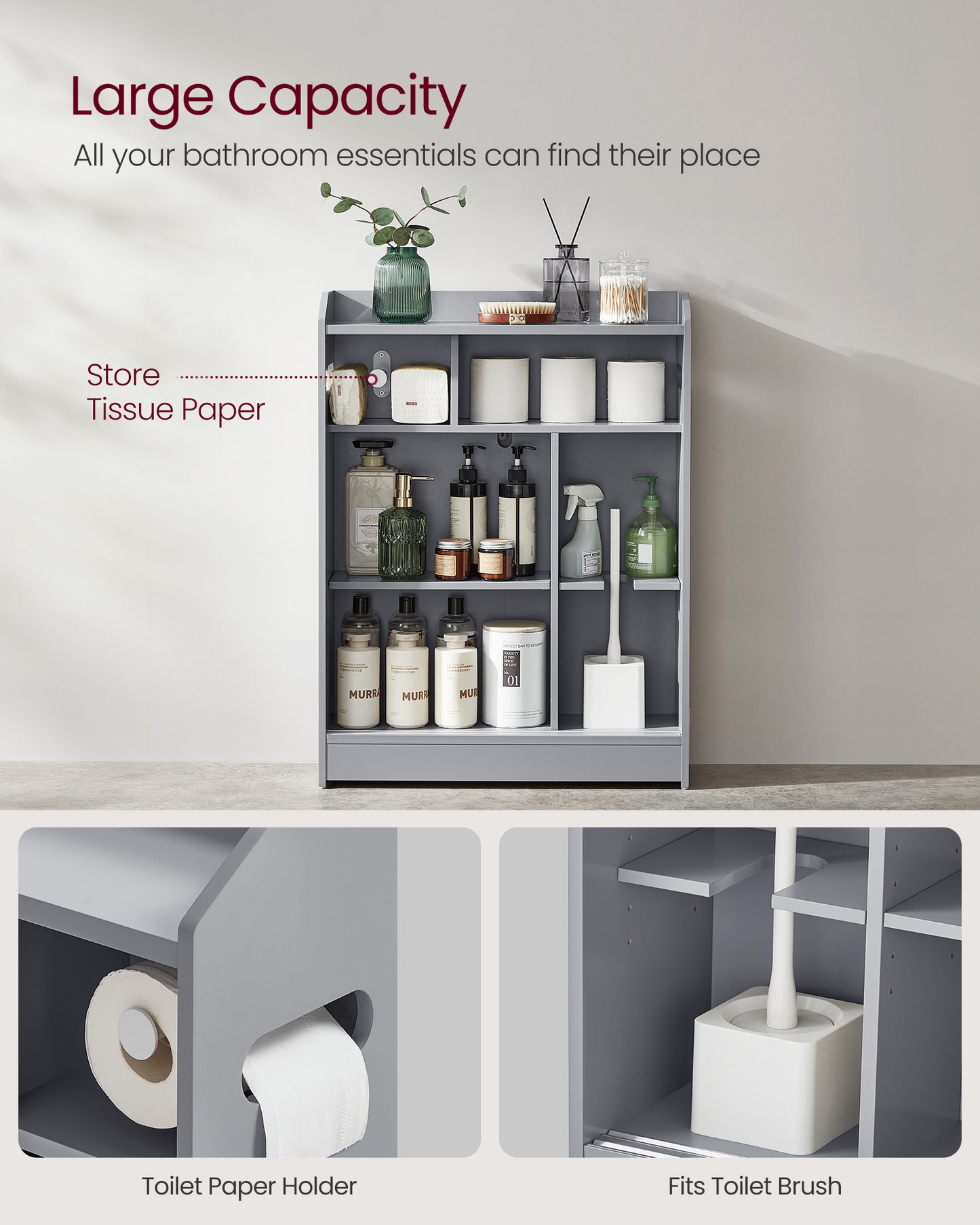 Bathroom Cabinet, Slim Bathroom Storage Cabinet, Toilet Paper Holder and Brush Compartment, Sliding Doors, Adjustable Shelves, Next to Toilet, 7.9 x 23.6 x 31.5 Inches, Dove Gray