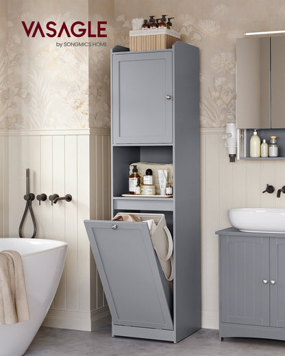VASAGLE Tall Cabinet with Laundry Basket, Removable Laundry Basket with Handles, Compartment, Dove Gray