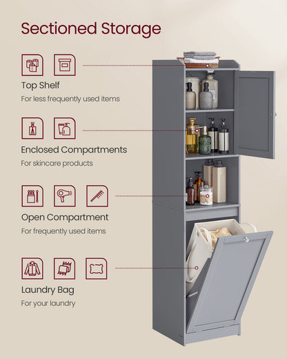 VASAGLE Tall Cabinet with Laundry Basket, Removable Laundry Basket with Handles, Compartment, Dove Gray