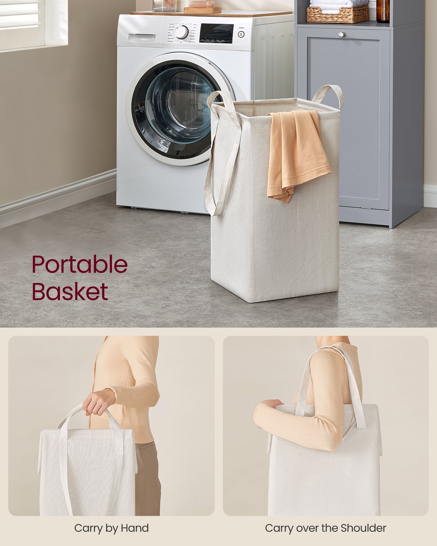 VASAGLE Tall Cabinet with Laundry Basket, Removable Laundry Basket with Handles, Compartment, Dove Gray