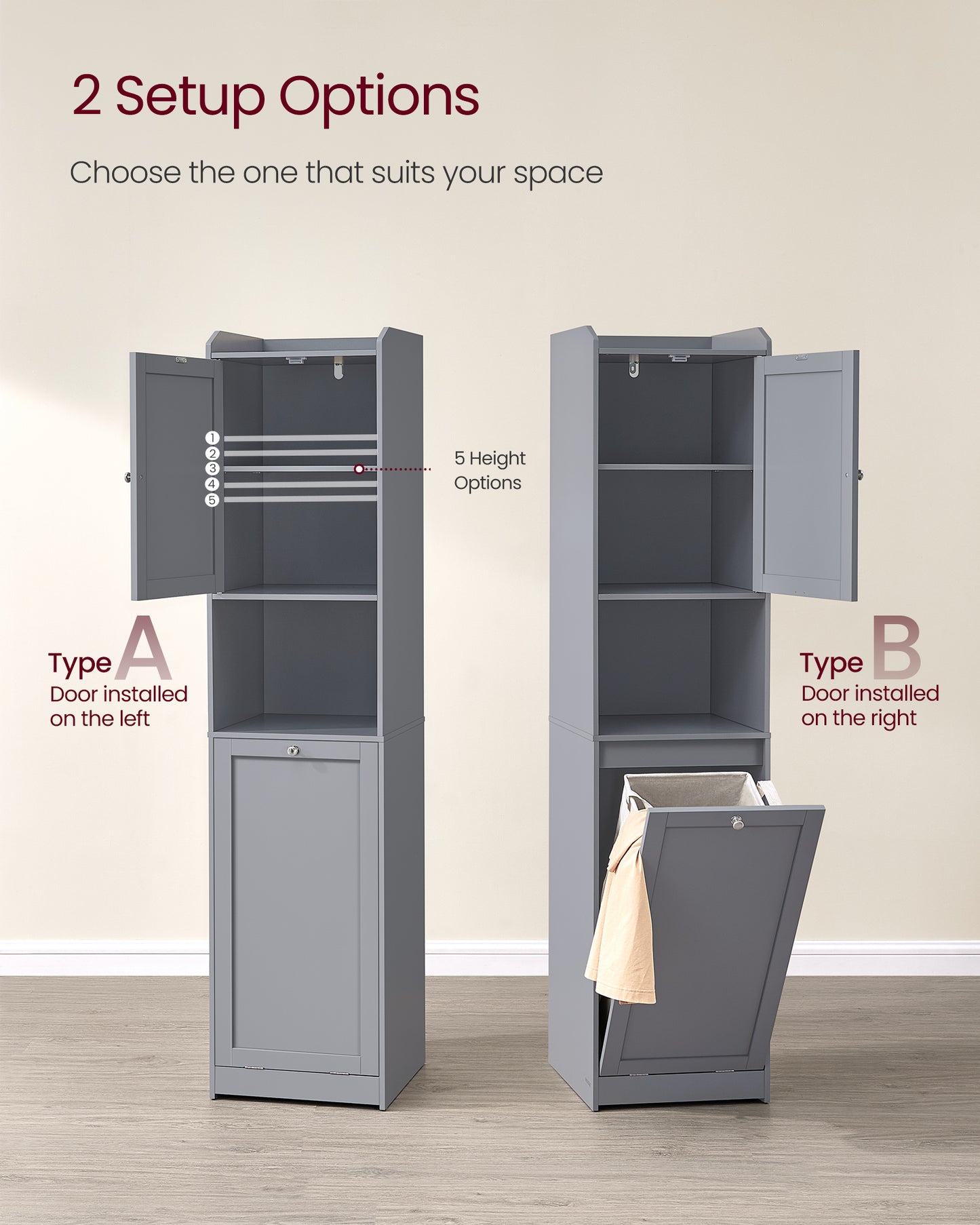 VASAGLE Tall Cabinet with Laundry Basket, Removable Laundry Basket with Handles, Compartment, Dove Gray