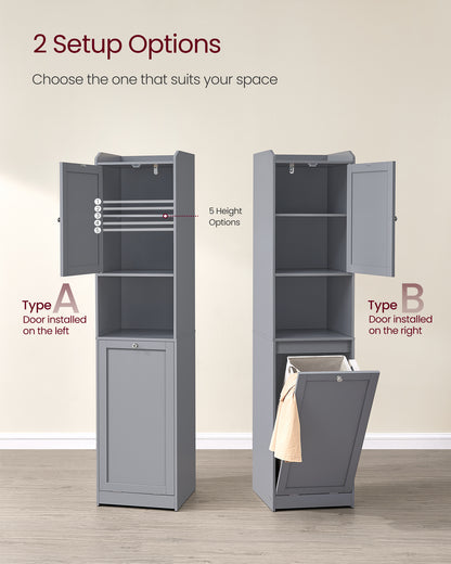 VASAGLE Tall Cabinet with Laundry Basket, Removable Laundry Basket with Handles, Compartment, Dove Gray