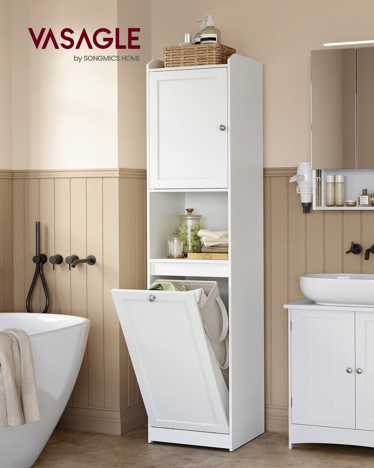 VASAGLE Tall Cabinet with Laundry Basket, Removable Laundry Basket with Handles, Compartment with Door, Linen Tower, Cloud White