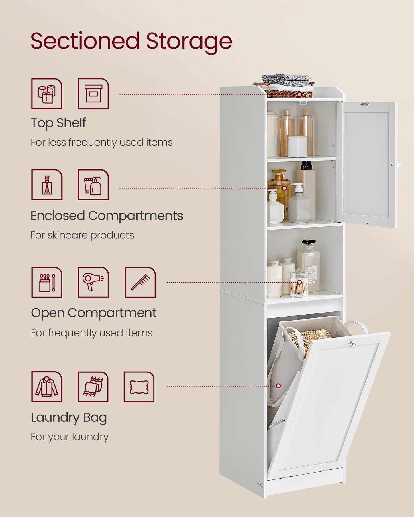 VASAGLE Tall Cabinet with Laundry Basket, Removable Laundry Basket with Handles, Compartment with Door, Linen Tower, Cloud White