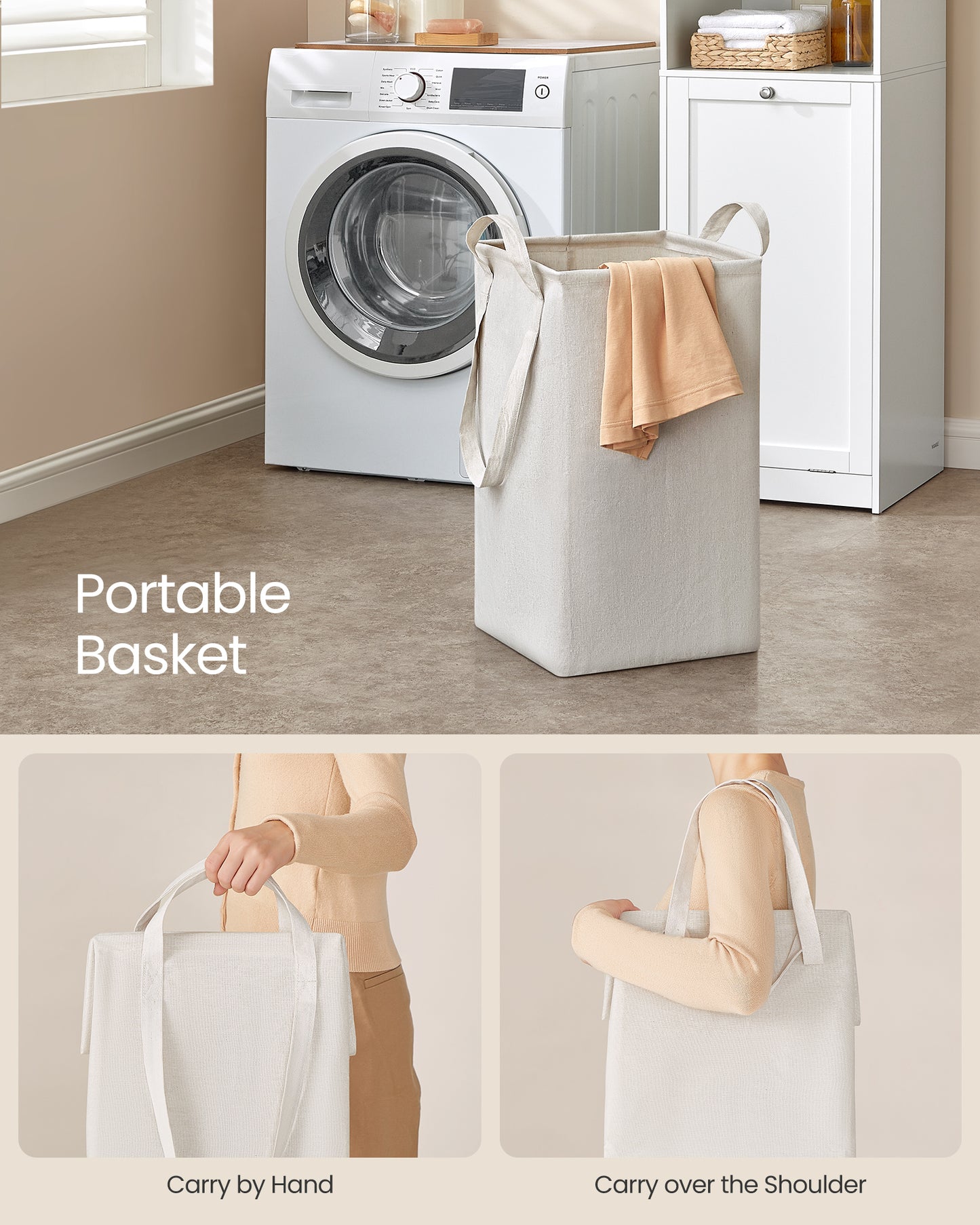 VASAGLE Tall Cabinet with Laundry Basket, Removable Laundry Basket with Handles, Compartment with Door, Linen Tower, Cloud White