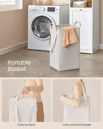 VASAGLE Tall Cabinet with Laundry Basket, Removable Laundry Basket with Handles, Compartment with Door, Linen Tower, Cloud White
