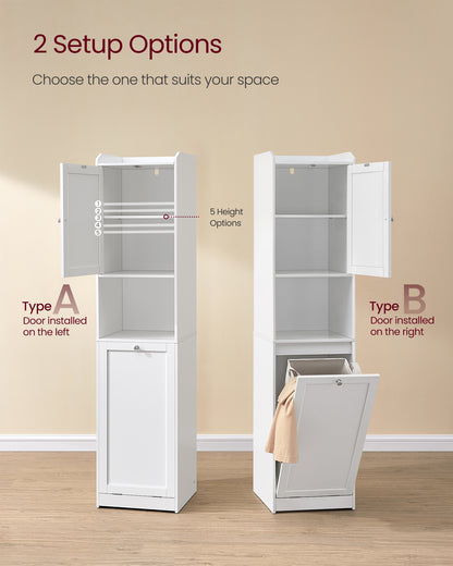 VASAGLE Tall Cabinet with Laundry Basket, Removable Laundry Basket with Handles, Compartment with Door, Linen Tower, Cloud White
